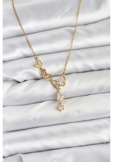 316l Çelik Zincir Gold Renk Kelebek Model Kadın Kolye Renkli