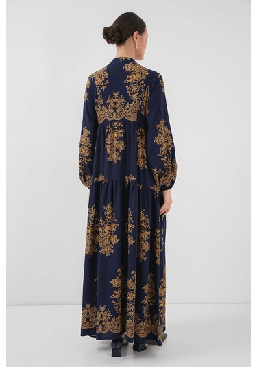 Gabria Ön Düğmeli Desenli Viskon Elbise Lacivert