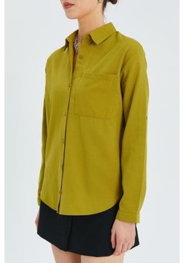 9942 Kadın Oxford Uzun Kol Basic Gömlek Olive OLIVE