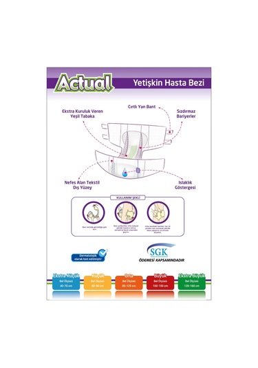 Actual Yetişkin Hasta Bezi Bel Bantlı L-Büyük 60 Adet (2Pk*30)