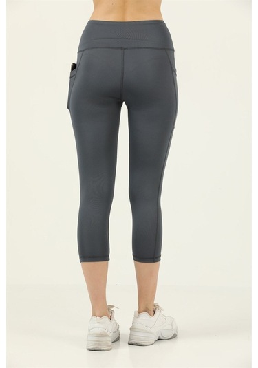 Kadın Antrasit Yüksek Bel Toparlayıcı Çift Cepli Diz Altı Kapri Tayt Capri Slim Fit 1054 Antrasit