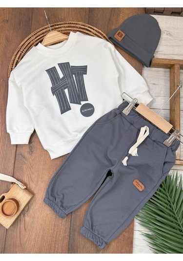 Hi Baskılı Bereli Armalı Oversize Erkek Bebek Takım Gri