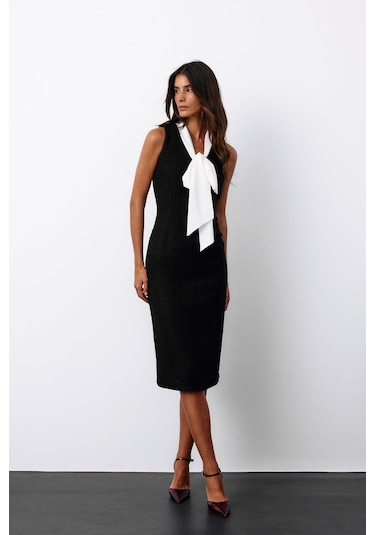 Sateen Fularlı Kolsuz Tüvit Elbise - Siyah-135147 Siyah