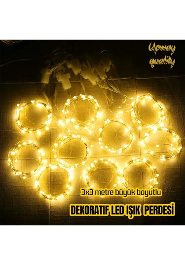 Upway 3x3 Metre Kumandalı 8 Modlu Askılı Usb 300 Led Işıklı Perde Gün Işığı Sarı