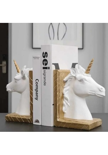 Tek Boynuz At Beyaz Biblo Dekoratif Obje Kitap Tutucu 2 Adet