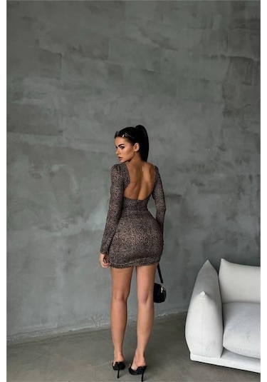 Kadın Leopar Sırt Ve Göğüs Dekolteli Mini Elbise Dpnbdf079 Kahverengi