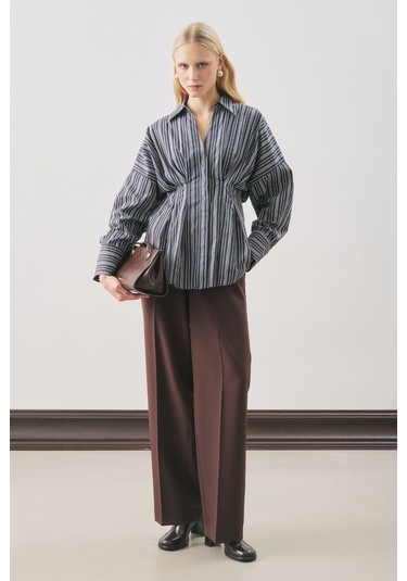 Pile Detaylı Gömlek Kahve Çizgili Aw25gml00006-596 Kahve Çizgili