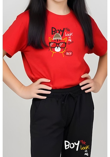 Fyk Kids Kız Çocuk Yuvarlak Yaka Baskılı Boy Cat Alt-üst Pijama Takımı Kırmızı