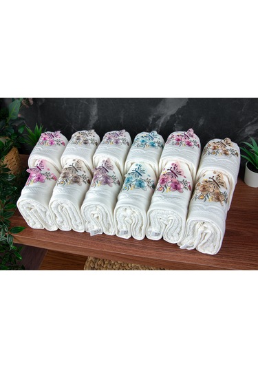 %100 Pamuklu 3d Kelebek İşlemeli 12 Li Analı Kızlı Çeyizlik Havlu Seti 50x90 Cm - 00030 Beyaz