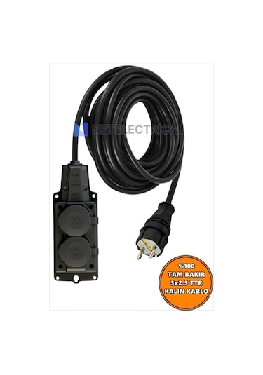 Kauçuk 2'li Topraklı Grup Priz Uzatma Kablosu 30 Metre 3x2.5 Mm² Ttr Kalın Siyah Kablolu 30 Metre