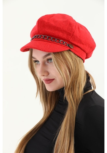 Kadın Kırmızı Zincirli Kaşe Ressam Şapka Kırmızı