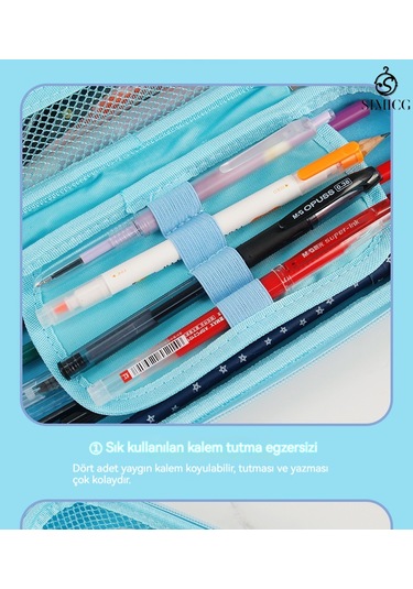 Büyük Kapasiteli İlkokul Ve Ortaokul Çok Katmanlı Çizgi Film Kalem Kutusu MAvi