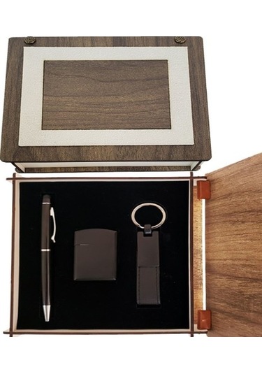 Özel Ahşap Kutulu Mat Siyah Kalem Anahtarlık Ve Çakmak Set Tdrtr Sezonsuz