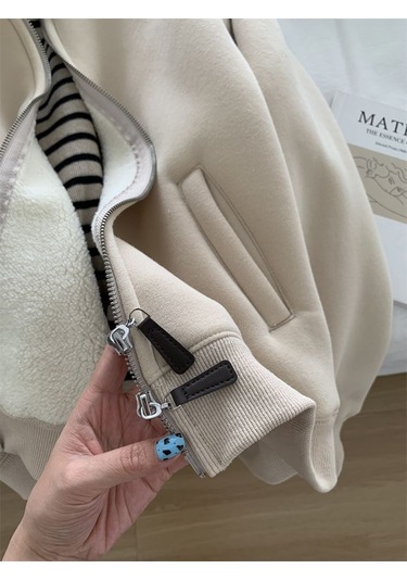 Snapbuy İçi Polarlı, Fermuarlı, Dik Yaka Kadın Sweatshirt Ceket Krem