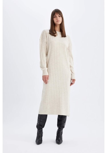 Defacto Regular Fit Yarım Balıkçı Yaka Basic Düz Uzun Kollu Triko Elbise W0986AZ24WNER105 Ekru