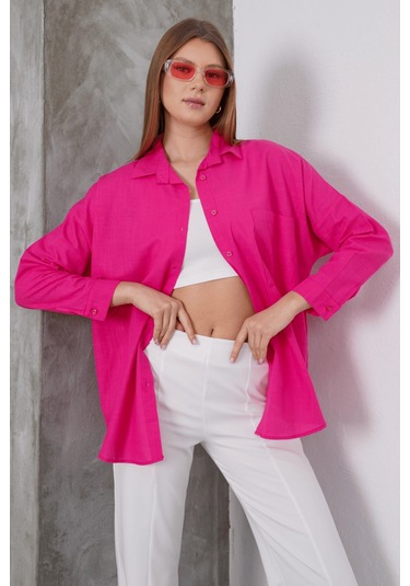 Paw Garage Kadın London Keten Tek Cepli Oversize Gömlek, Premium Kalite Keten Gömlek Fuşya