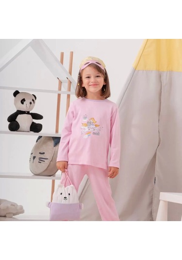 Unicorn Desenli Çanta Ve Maskeli % 100 Pamuk Kız Çocuk Pijama Takımı Pembe