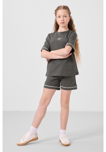 Haki Pamuklu Yumuşak Dokulu Standart Fit Basic Kız Çocuk Şort Takım - 75183 Haki