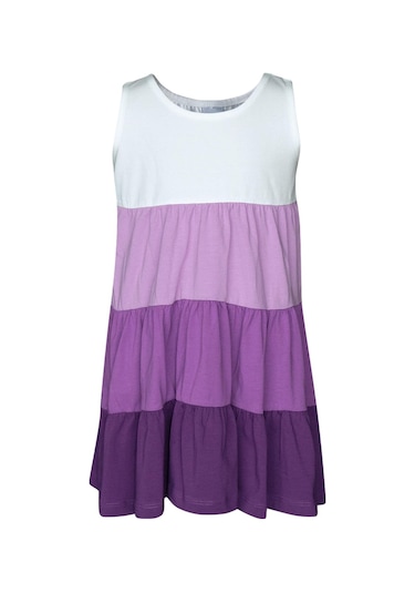 Lovetti Ekru-Mor Kız Çocuk Renkli Kat Kat Büzgülü Askılı Elbise 9583W094 Ekru - Mor