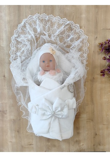 Ekru Kız Erkek Bebek Battaniyesi Kundağı %100 Pamuklu Dantelli Yenidoğan Hastane Çıkışı Mevlütlük Knd45255 Ekru