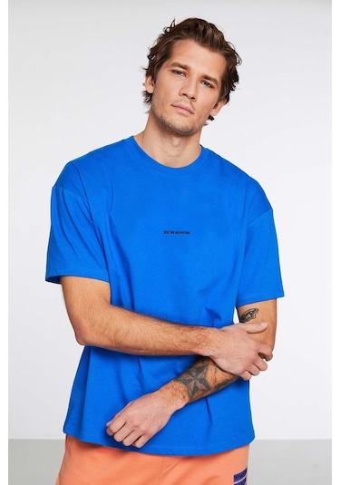 Rıver Erkek Nakış Işlemeli Oversize %100 Organik Pamuk Örme Saks Mavi T-shirt