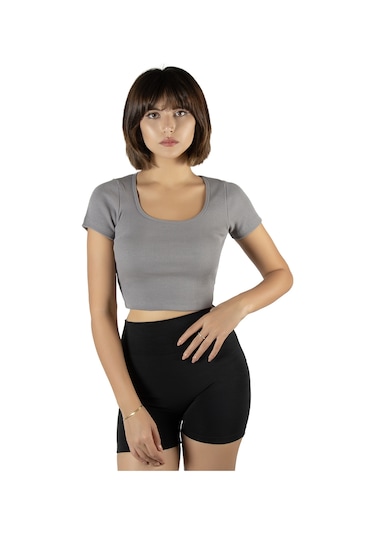 Gri Havuz Yaka Fitted/vücuda Oturan Kısa Kol Crop Tişört Gri