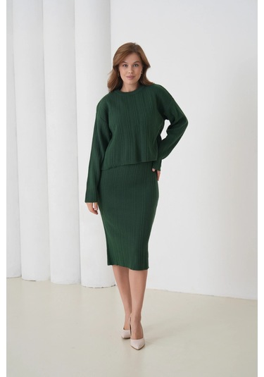 Kadın Bisiklet Yaka Dokulu Kazak Elbise İkili Triko Takım