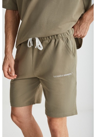 GRIMELANGE Colombıa Erkek 2'li Set Comfort Fit Rahat Kalıp Yazı Nakışlı Şardonsuz Haki Eşofman Takımı Haki