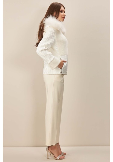 Kapüşonlu Ekru Dokuma Mont Ekru