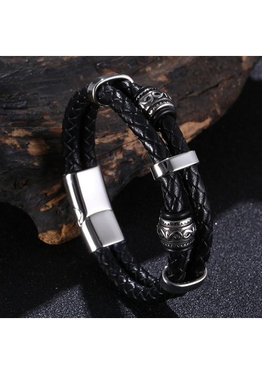 Viking Tarzı İskandinav Runeleri Muska Çift Katmanlı Paslanmaz Çelik Erkek Deri Bileklik İskandinav Mitolojisi Takıları Bb1355 Siyah