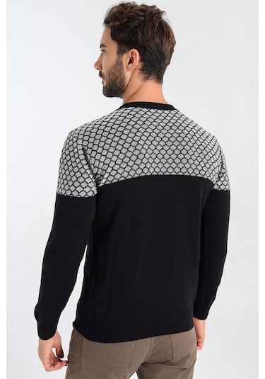 Heyss Bisiklet Yaka Petek Örgü Siyah-Ekru Erkek Triko Kazak Siyah
