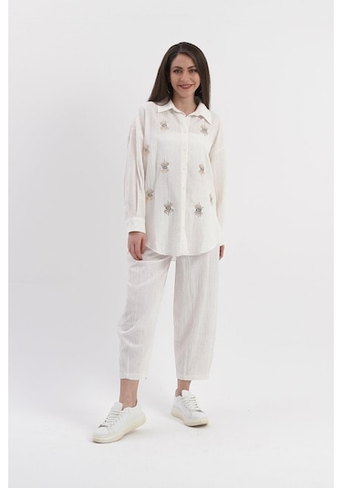 Yanı Yırtmaçlı Krinkıl Kumaş Göz Nakışlı Keten Gömlek - Ekru-ekru Ekru
