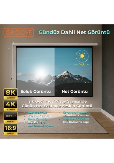 Groove Vizio Pro 100 Inch Blackout Işık Geçirmez Elektrikli Otomatik Kumandalı Projeksiyon Perdesi 220x125cm +motorlu+canlı Renkler+göz Koruması+leke Tutmaz Projector