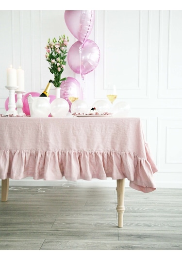 Buldan Keten Fırfırlı Vintage Pastel Pembe Masa Örtüsü