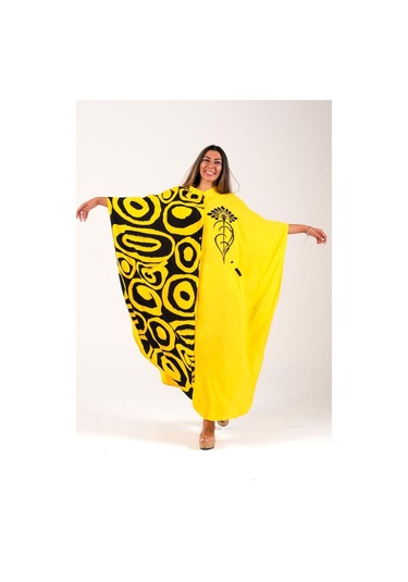 Kadın Sarı Sıfır Yaka Desen Garnili Nakışlı Cepli Oversize Uzun Elbise - Sarı