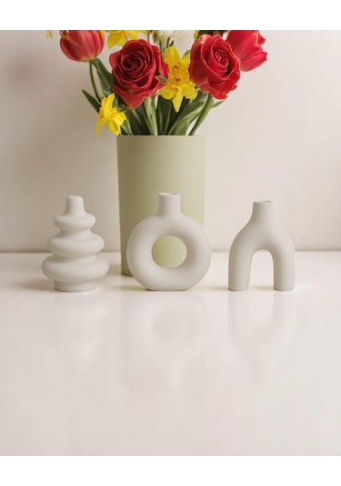 3 Lü El Yapımı Dekoratif Vazo Seti Beyaz