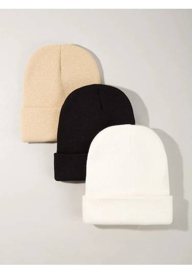 Eke Tekstil Unisex Katlamalı 3'lü Bere Seti Bej - Beyaz - Siyah