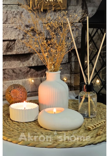 Dekoratif 4'lü Set Vazo,Vanilya Kokulu Mum, Tealight Mumluk ve Mum