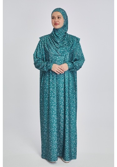 Pratik Tek Parça Çiçek Desenli Namaz Elbisesi Petrol Petrol Mavi