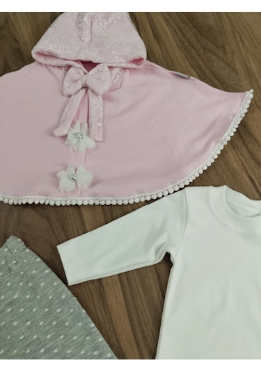 Egişbaby Kız Bebek Pelerinli Üçlü Takım Pembe