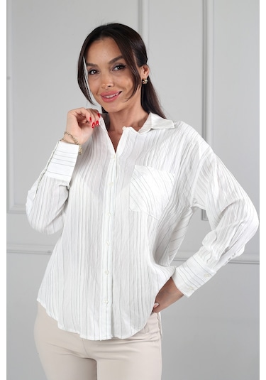 By Saygı Kadın Kraş Cotton Tek Cepli Çizgili Gömlek Yeşil