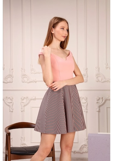 Aymeravm - Eteği Çizgili Kadın Elbise - Gsp3106Ga Pudra