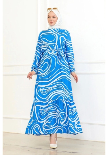 Çizgi Desenli Viskon Elbise - Mavi Mavi