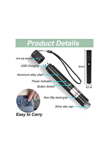Dofolink Yüksek Güçlü 2000m Yeşil Lazer Pointer, Usb Şarjlı, Alüminyum Kasa, Astronomy-piknik-halka Sunumlar İçin, Siyah Renk Siyah