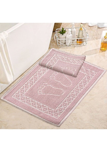 Soffy Pembe & Pembe 2 Adet 50x70 Cm Banyo Paspası %100 Doğal Pamuk Ayak Paspası Ayak Havlusu Pembe