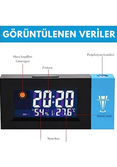 Techtic Projeksiyonlu Masa Saati Derece Nem Tarih Göstergeli