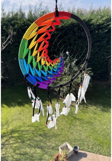 7 Çakra Renkli Siyah Süet Kasnaklı Büyük Rüya Kapanı -27cm Çap