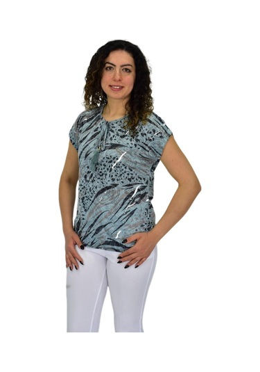 Kadın Kısa Kol Baskılı Bluz Bgl-st04706 Mint-Yeşili