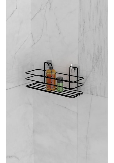 Eva Metal Tasarim Banyo Düzenleyici Şampuanlık Sabunluk Yapışkanlı Banyo Rafı Mat Siyah Duş Rafı Organizer Siyah
