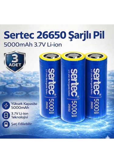 Sertec 26650 Şarjlı Pil 5000mah 3.7v Li-ion Başlıksız Düz 3lü